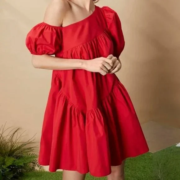 Puff Sleeve Ruffle Hem Asymmetrical Neck Smock Dress Red - Picture 5 of 8